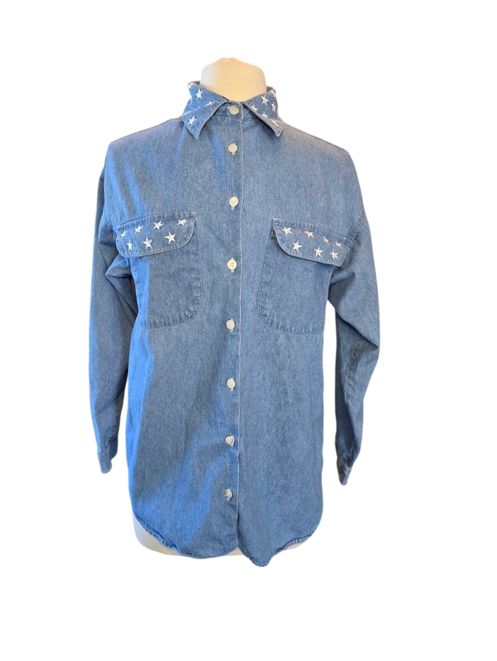Lemon Grass Denim Collared Embroidered Stars Shirt Size Large Pocket Flaps